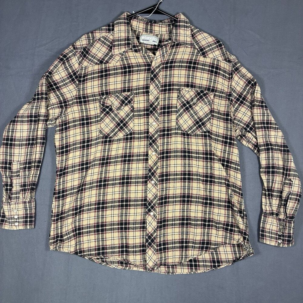 Wrangler Shirt Mens XL Tan Red Plaid Flannel Western Pearl Snap Long Sleeve